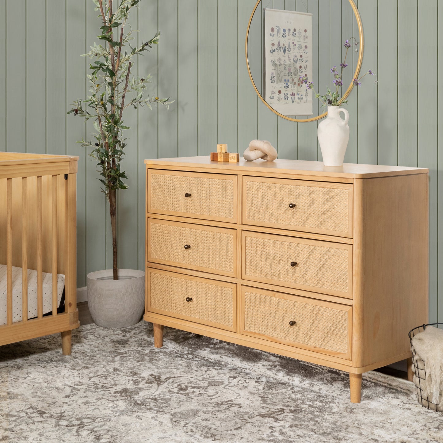 M23716HYHC,Marin with Cane 6 Drawer Assembled Dresser in Honey and Honey Cane