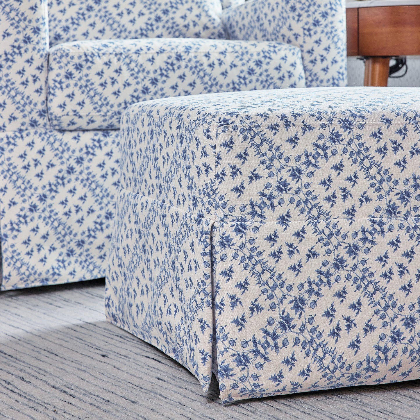 M21785BLT,Sarah Flint x Namesake Crawford Gliding Ottoman in Blue Lattice Performance Eco-Weave