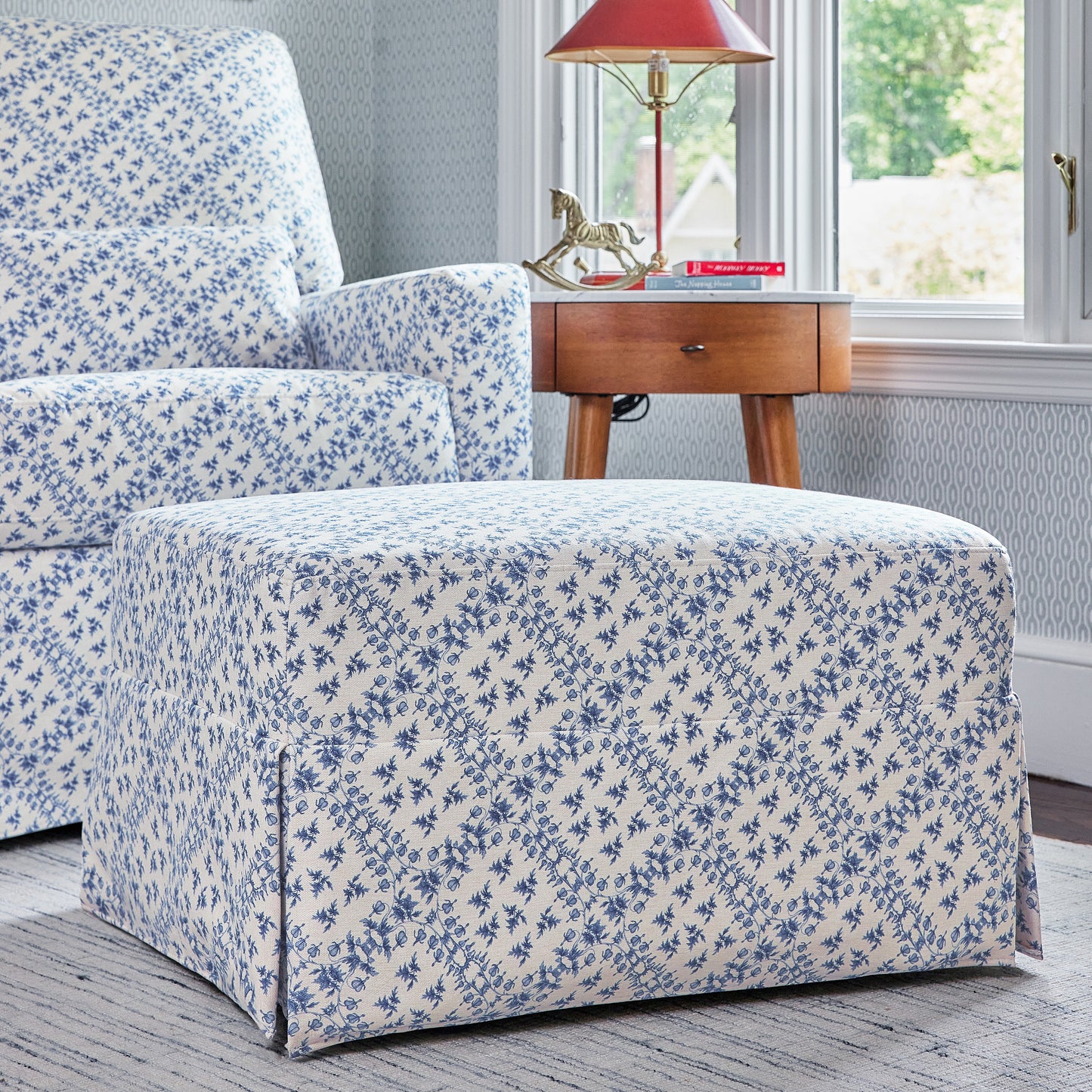 M21785BLT,Sarah Flint x Namesake Crawford Gliding Ottoman in Blue Lattice Performance Eco-Weave